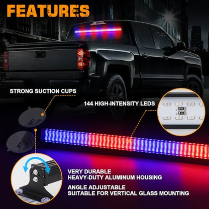 XRIDONSEN 35 inch Strobe Light Bar 144 LED Front Rear Window Lights - color: Red/Blue