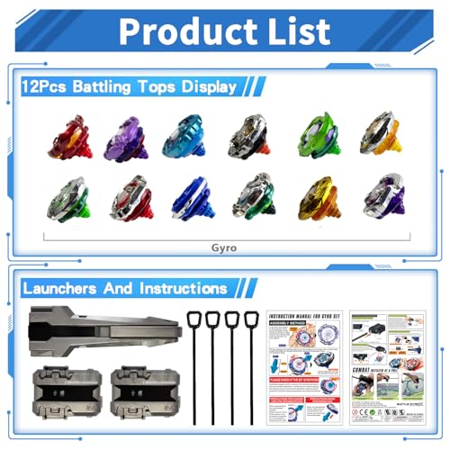 Battle Spinning Top Set with 12 Colorful Tops, Launchers and Accessories, Combat Game Collection