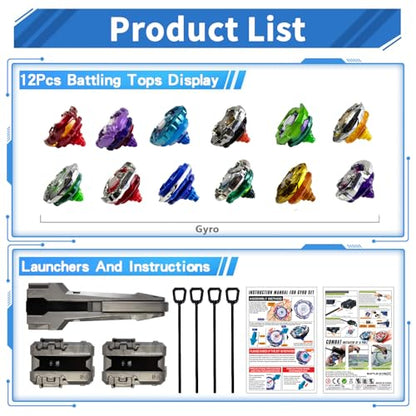 Battle Spinning Top Set with 12 Colorful Tops, Launchers and Accessories, Combat Game Collection