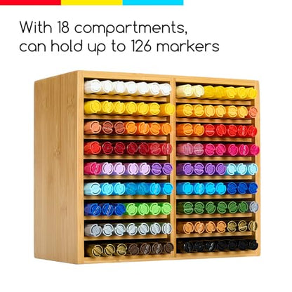 MEEDEN Bamboo Marker Holder Organizer: Holds 126 Pens with 18 Compartments - style: Holds 126 Markers