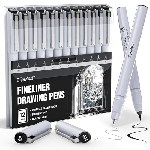 JusArt Fineliner Pens, Ultra Fine, Fine, Brush & Chisel, 12 Sizes - color: 12-Black