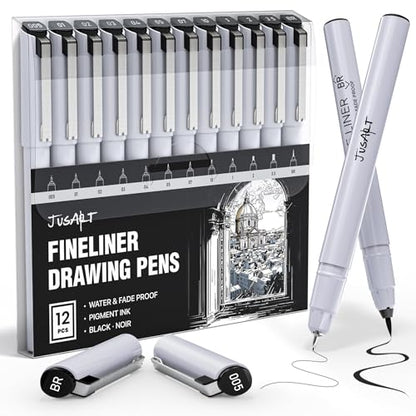 JusArt Fineliner Pens, Ultra Fine, Fine, Brush & Chisel, 12 Sizes - color: 12-Black