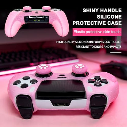 Pink Glitter Anti-Slip Protective Silicone Cover Skin Grips Compatible with ps5 dualsense Edge Controller,8 PCS Glitter Thumb Grips Caps and 2 Grips Caps. - color: Glitter Pink
