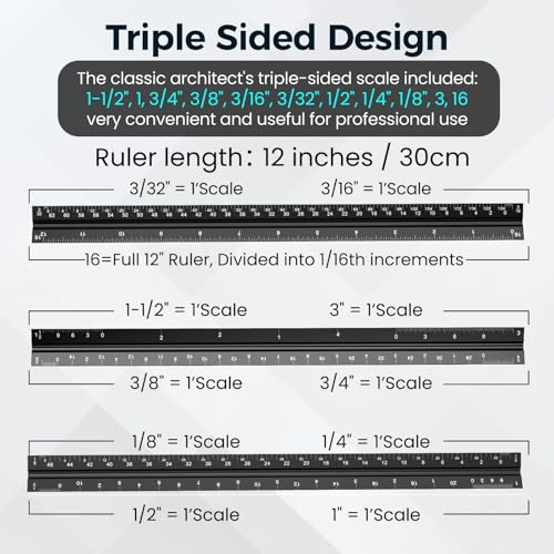 Rena Chris 2Pcs Architectural Scale Ruler, Triangular Scale & Straight Ruler, 12 Inch Aluminum Drafting Ruler Set, Laser Etched, Smooth Non-Sharp Edges, Lightweight, Inch MM Conversion for Architectur