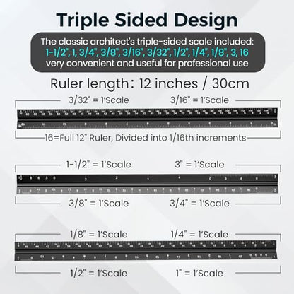 Rena Chris 2Pcs Architectural Scale Ruler, Triangular Scale & Straight Ruler, 12 Inch Aluminum Drafting Ruler Set, Laser Etched, Smooth Non-Sharp Edges, Lightweight, Inch MM Conversion for Architectur