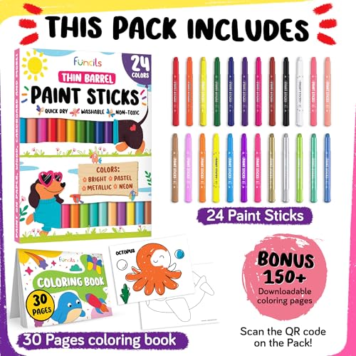 24 Thin Washable Paint Sticks for Kids, Painting Crayons w/Coloring Book - color: 24 Thin