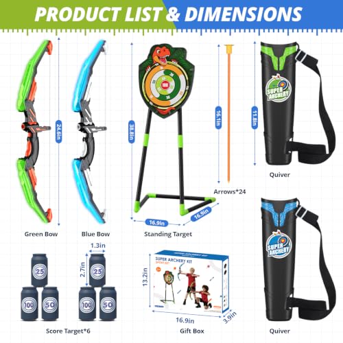 HYES 2 Pack Kids Bow and Arrow, LED Archery Set with Dinosaur Target - size: 2 pack-standing target