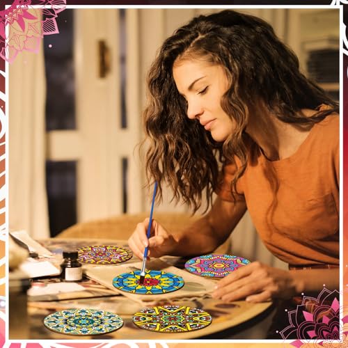 Reallnaive 8 Pcs Mandala Paint by Numbers Kit for Adults Wooden Coasters - style: Mandala