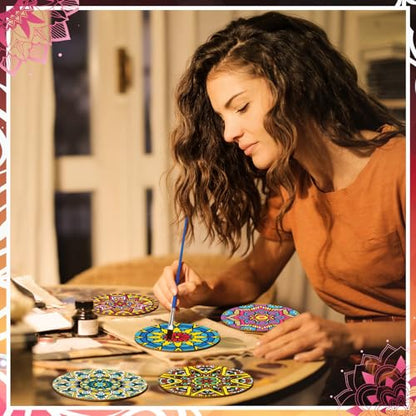 Reallnaive 8 Pcs Mandala Paint by Numbers Kit for Adults Wooden Coasters - style: Mandala