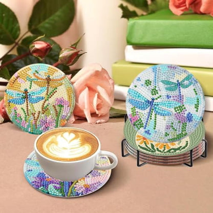 8 PCS Dragonfly Diamond Art Coasters with Holder,Diamond Painting Coasters - color: Dragonfly