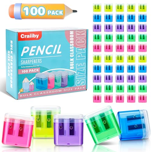 100 Pack Pencil Sharpeners Bulk - Colored Handheld Pencil Crayon Double Hole Sharpener, School Classroom Supplies