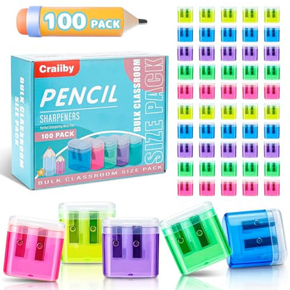 100 Pack Pencil Sharpeners Bulk - Colored Handheld Pencil Crayon Double Hole Sharpener, School Classroom Supplies