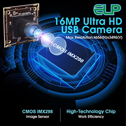 ELP 16 Megapixel USB Camera Module with 75degree No Distortion Lens 3496P 6K Embedded Webcam Board for Computer 16mp CMOS IMX298 USB2.0 Video Raspberry Pi Web PC Camera for 3D printer Bar/QR Code Scan