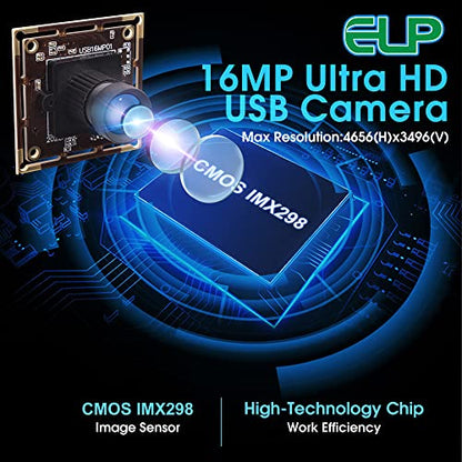 ELP 16 Megapixel USB Camera Module with 75degree No Distortion Lens 3496P 6K Embedded Webcam Board for Computer 16mp CMOS IMX298 USB2.0 Video Raspberry Pi Web PC Camera for 3D printer Bar/QR Code Scan