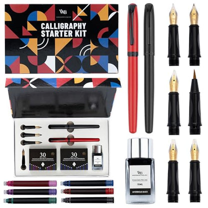 Wordsworth & Black Calligraphy Kit for Beginners, 2 Ink Pens, 5 Nibs, Black - color: Red Black