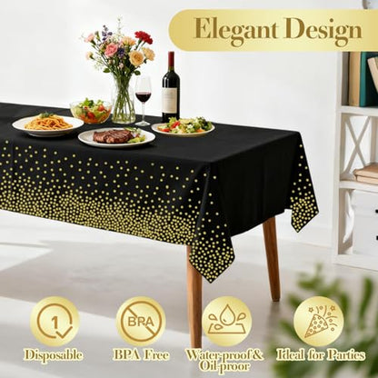 4 Pack Plastic Tablecloths for Rectangle Tables, Black Gold Table Covers - color: Black and Gold, size: 54" x 108" (4 Pack)