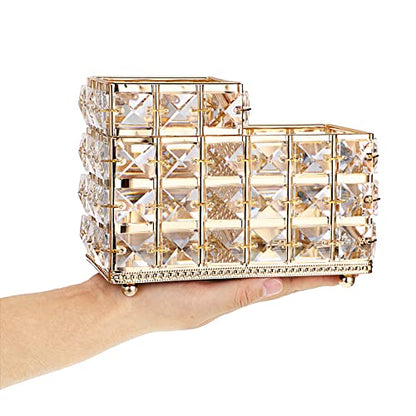 BTSKY Crystal Remote Control Holder 2 Slots Desktop Organizer Multi-Function Desk Stationery Storage Box Decorative Storage Caddy for TV Controllers Office Stationery Makeup Brushes Art Supplies(Gold)
