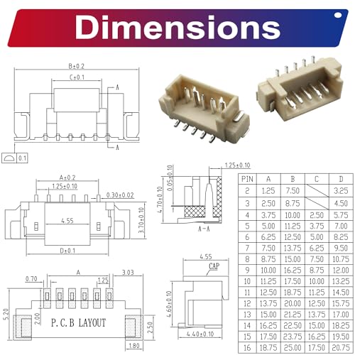 Compatible with Molex 1.25mm Pitch PicoBlade PCB Header Vertical Surface Mount 2 3 4 5 6 7 8 9 10 12 Circuits (TC-MX-1.25mm-SMT-VER) - size: Surface Mount-Vertical