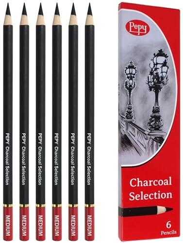 Pepy Professional Medium Charcoal Pencil Drawing Set – Set of 6 Pre-Sharpened Black Charcoal Pencils; Perfect for Drawing, Sketching, Blending and Shading