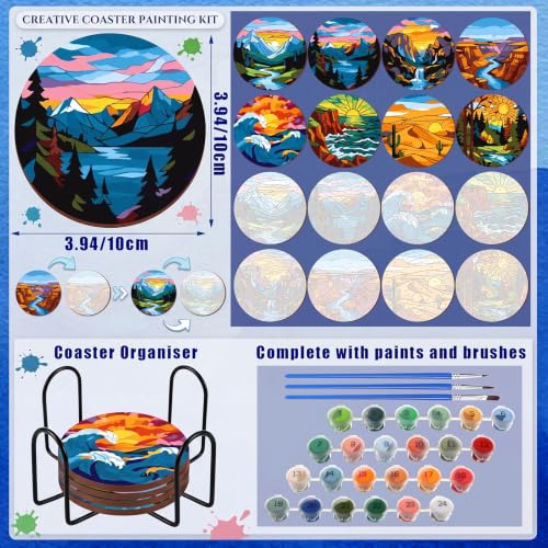 Reallnaive 8 Pcs Mountain Paint by Numbers Kit for Adults Wooden Coasters - style: Mountains