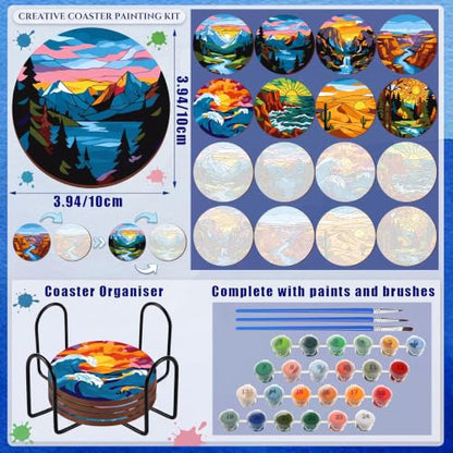 Reallnaive 8 Pcs Mountain Paint by Numbers Kit for Adults Wooden Coasters - style: Mountains