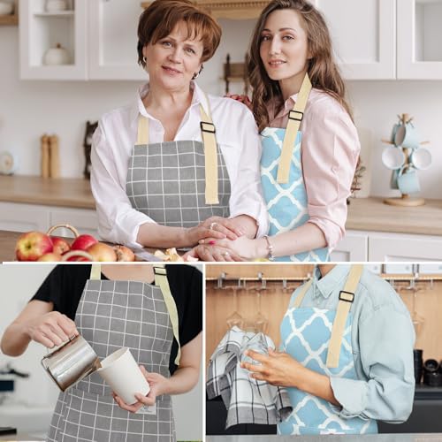 2 Pieces Aprons for Women with Pockets, Cotton Linen Waterproof Kitchen Cooking Aprons, Chef Apronfor Men Women with Adjustable Neck Strap and Long Ties(Grey/Blue) - color: Grey/Blue
