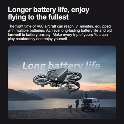 Cute Mini Beginner Camera Drone, 720P HD FPV RC Quadcopter. Equipped with standard battery for extended flight time and more fun. Features glowing eye LED lights & flashing tail lights, intelligent obstacle avoidance, optical flow positioning, 90° adjusta