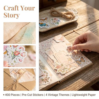 Scrapbook Supplies Kit, 400PCS Vintage Floral Paper & Stickers