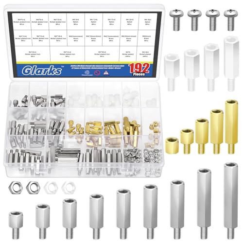 Glarks 192pcs M4 Carbon Steel & Nylon & Brass Standoff Set Hex Mount Spacer Motherboard Spacer Male-Female Spacer Standoff with Pan Head Screw Nylon Screw Nut and Hex Nut for PCB, Quadcopter Drone