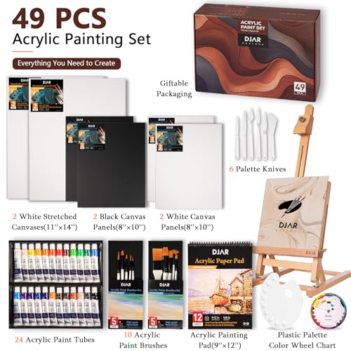 DJAR 49 Pcs Acrylic Art Set with 25" Adjustable Tabletop Wooden Art Easel - style: Tabletop Easel Set