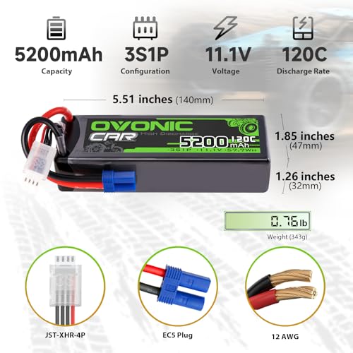 OVONIC 3S LiPo Battery 11.1V 5200mAh 120C with EC5 Plug (2 Packs)