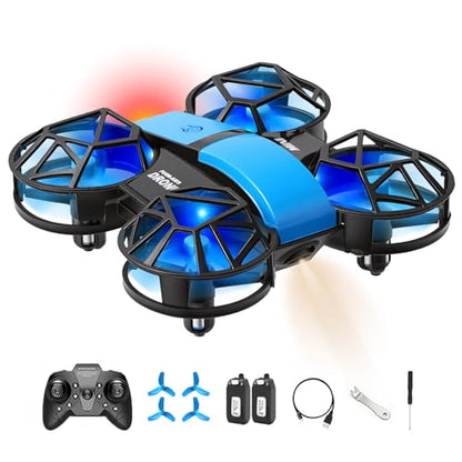 Blue Mini Drone for Kids, Indoor & Outdoor RC Quadcopter, Full Propeller Guards, LED Light, 3D Flips, One Key Start, Headless Mode, 2 Rechargeable Batteries, 21 Mins Total Flight Time, Toy Gift for Boys and Girls(2K-HD)
