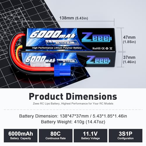 Zeee 3S Lipo Battery 6000mAh 11.1V 80C Hard Case Battery EC5 Connector 2 Pack Batteries with 1 Pcs Lipo Safe Bag Fireproof Explosionproof Bag for Storage Charging