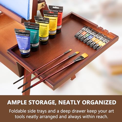 Wooden H-Frame Studio Easel with Storage Drawer and Palettes, Walnut - style: Side Trays Walnut
