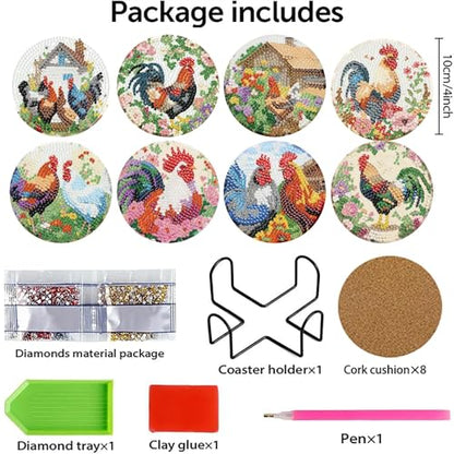 askkqtx 8 Pcs Chicken Diamond Art Coasters Kits with Holder 4X4 Inch - color: Coasters-bdwy296