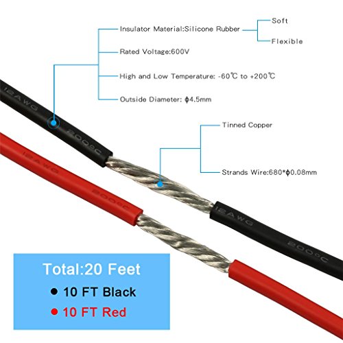BNTECHGO 12 AWG Silicone Wire Red Black 10ft Stranded Tinned Copper Wire - color: silicone wire red and black, size: 12 gauge silicone wire each color 10 ft