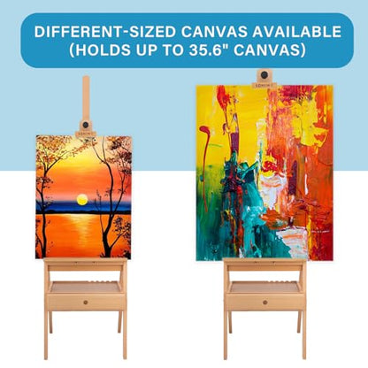 Large Beechwood H-Frame Studio Easel Stand with Storage Drawer, Natural - style: Basic Natural