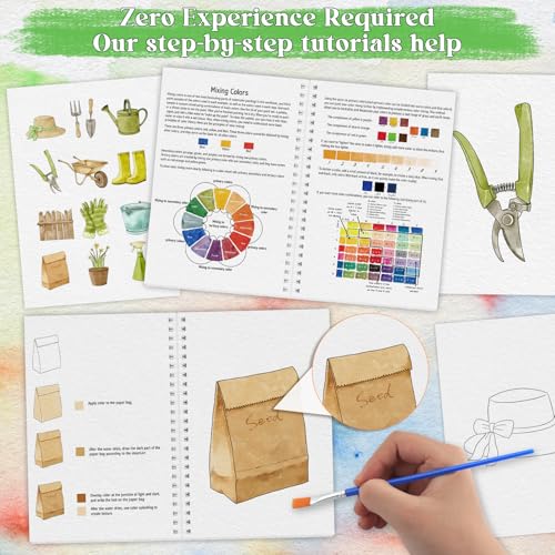 Beginners Watercolor Workbook for Adults, Step-by-Step Coloring Book Set - style: Garden