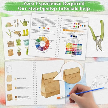 Beginners Watercolor Workbook for Adults, Step-by-Step Coloring Book Set - style: Garden