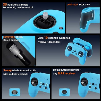 Radiomaster T8L ELRS 2.4GHz Radio Transmitter, 204g Lightweight Screenless Remote Controller with Hall-Effect Gimbals, USB-C Charging & Simulator Compatibility for FPV Drones (Blue) - color: Blue