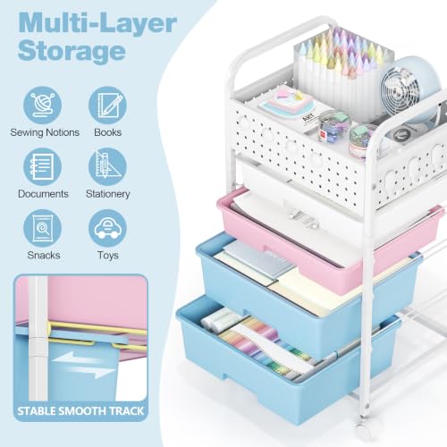 4 Drawer Rolling Storage Cart with Pegboard Top and Hooks, Pink&Blue - color: Pink&Blue, size: 4-Drawers