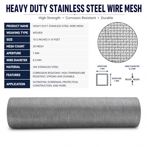 Stainless Steel 304 Wire Mesh-Metal Mesh Screen 15.5 inches x 10 feet