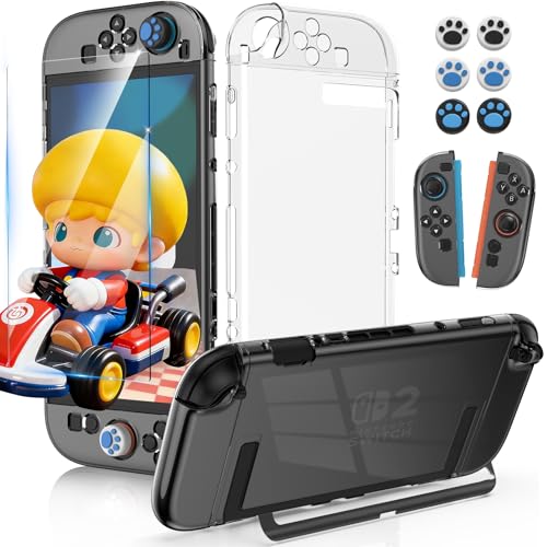 Dockable Protective Hard Cover for Nintendo Switch 2 with 6 Thumb Grip Caps - color: Clear