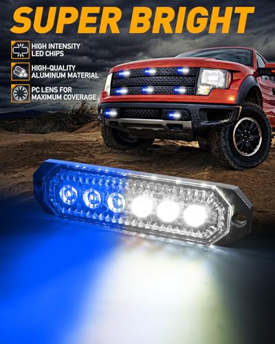 HLauto 406T Emergency Strobe Grille Lights: 4Pcs 6 LED Sync Feature Safety Warning Flashing Light, 12V-24V Ultra Slim Surface Mount Hazard Caution Light for Truck, Vehicle, Car, ATV, UTV (Blue White) - color: Blue/White