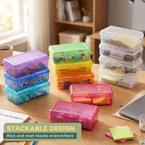 novelinks 5x8 Inch Plastic Pencil Box, Small Clear Storage Bins with Lids - size: 12 Pack