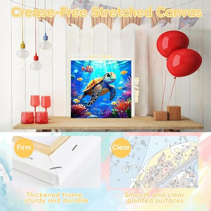 HITO Sea Turtle Paint by Numbers Kit for Kids with Frame Easel 8x8 inch - color: Sea Turtle