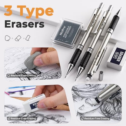 Nicpro Art Drawing Supplies Kit with 30PCS Black Mechanical Pencil Set in Leather Case