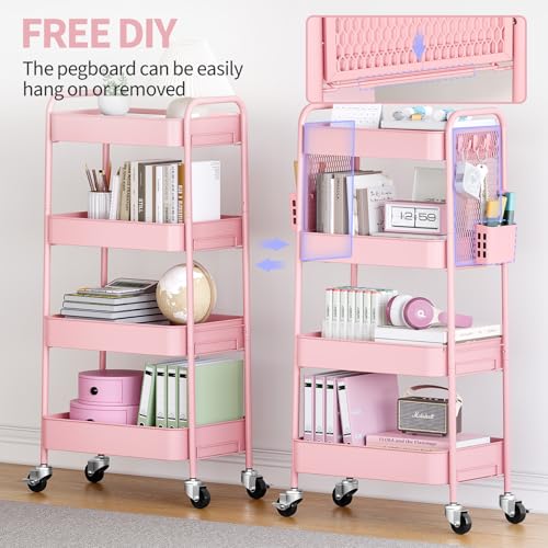 TOOLF 4 Tier Rolling Cart, Metal Utility Storage Cart with Pegboard, Pink - color: Pink, size: 4-Tier