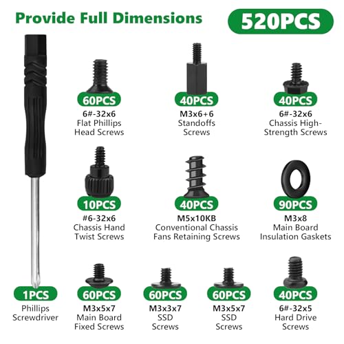 520 Pcs Black Computer Screws Kit PC Motherboard Standoffs SSD Set - color: 520 Pcs Black PC Screw