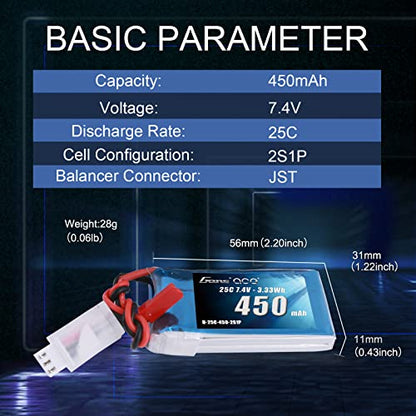 Gens ace 7.4V 450mAh 2S LiPo Battery Pack 25C/50C with JST Plug for Emax Babyhawk RC Heli 250 Helicopter Small Airplane Micro FPV Racing Drone Quadcopter
